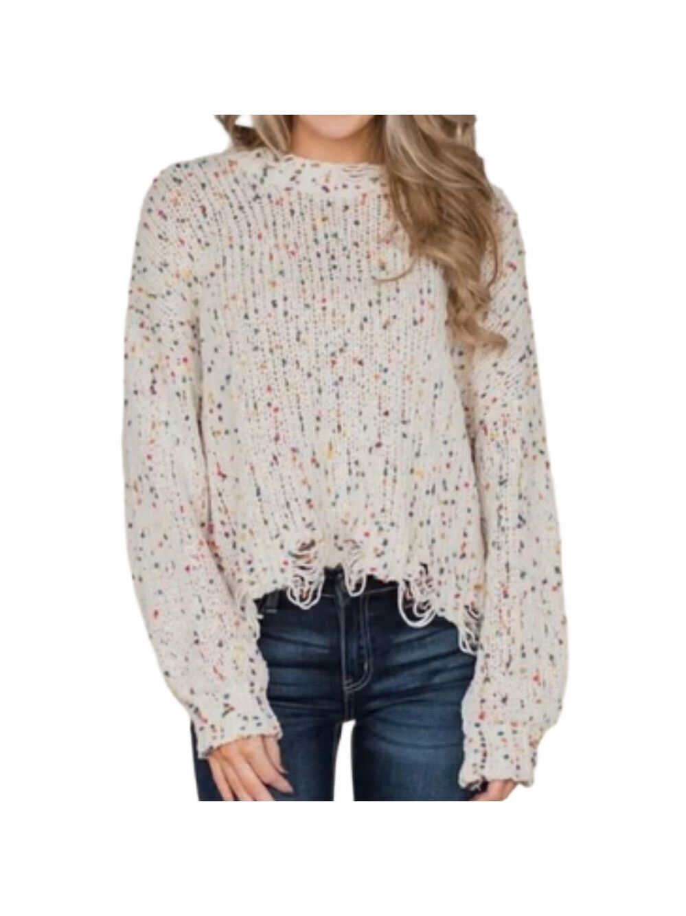 POL Confetti Cream Chunky Knit Sweater Size S Boho Distressed Oversized Rainbow